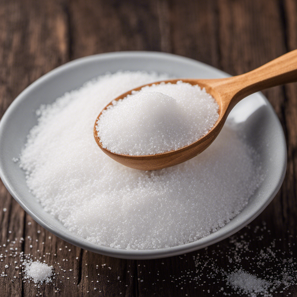 An image showcasing a small mound of white granulated sugar, precisely measured to 50g, gently pouring into a teaspoon