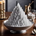 An image showcasing 5,460 delicate teaspoons overflowing with shimmering white sugar crystals, elegantly forming a towering mountain