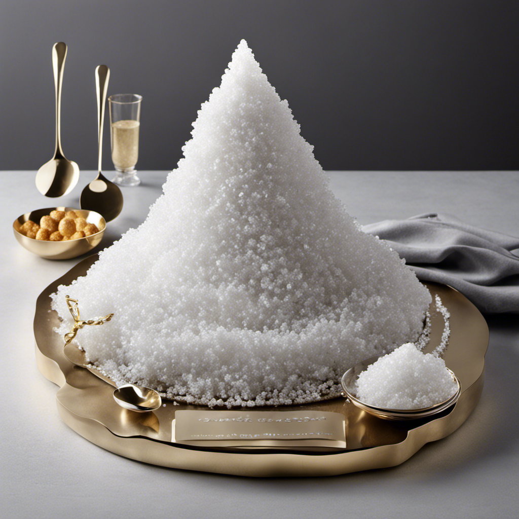 An image showcasing 5,460 delicate teaspoons overflowing with shimmering white sugar crystals, elegantly forming a towering mountain