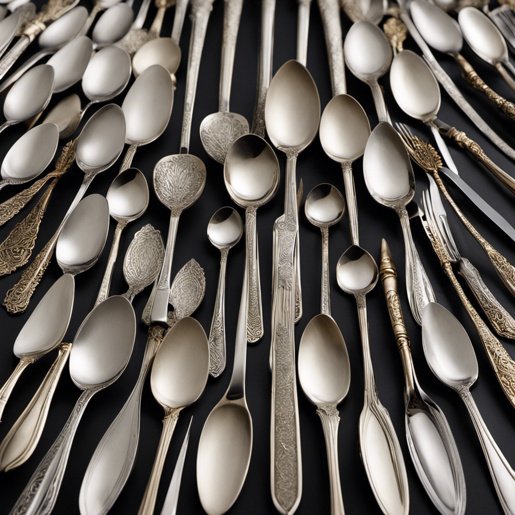 An image showcasing a neatly arranged pile of 55 shimmering teaspoons, glistening under soft natural lighting, each delicately etched with intricate patterns, inviting curiosity and contemplation