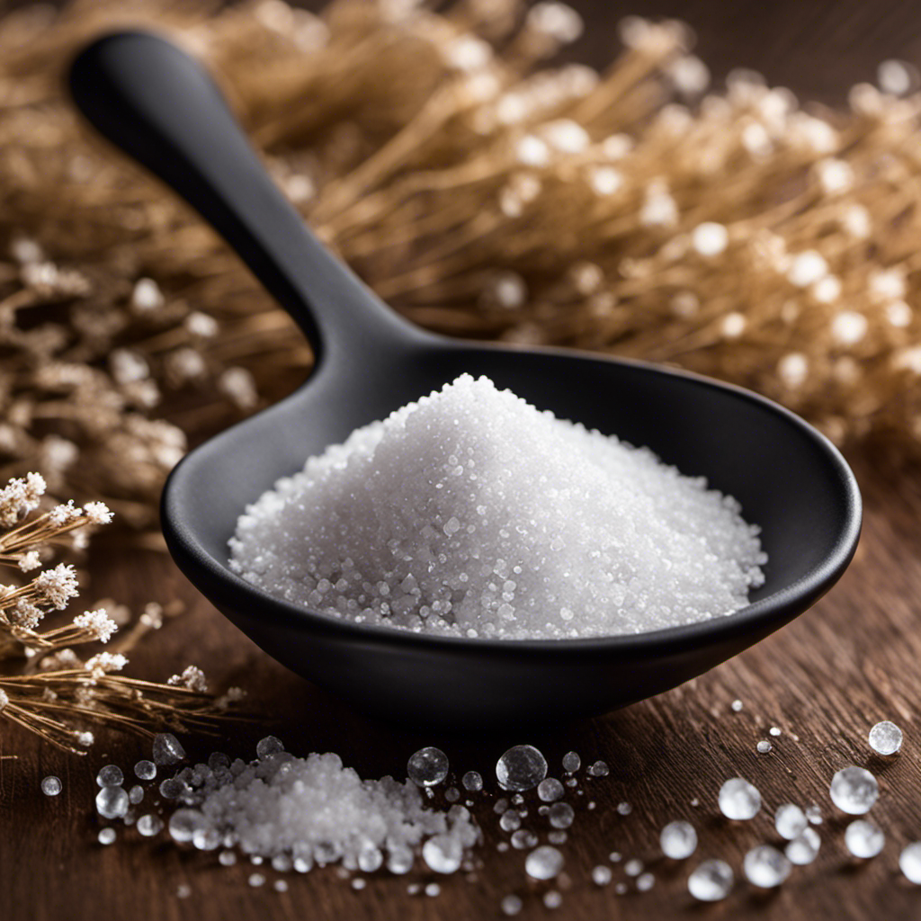 a close-up shot of a small teaspoon delicately holding a perfectly measured heap of fine salt crystals
