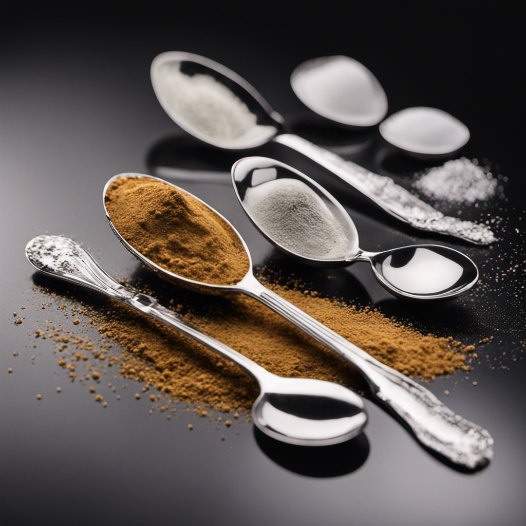 An image showcasing a delicate, transparent teaspoon gently holding 5 grams of a fine, powdery substance, offering a visual representation of the precise measurement and conversion from grams to teaspoons