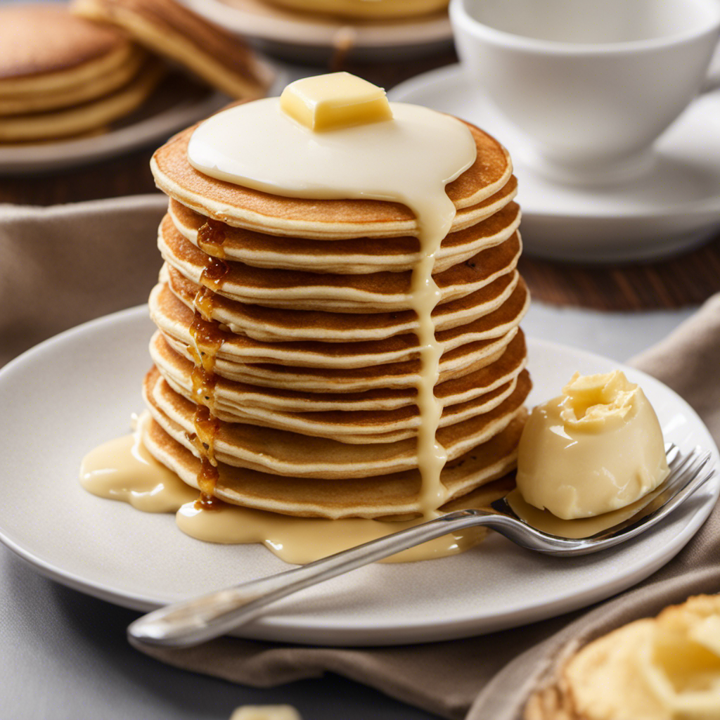 An image showcasing a small, delicate porcelain teaspoon filled to the brim with creamy butter, gently melting as it sits atop a warm stack of golden, fluffy pancakes