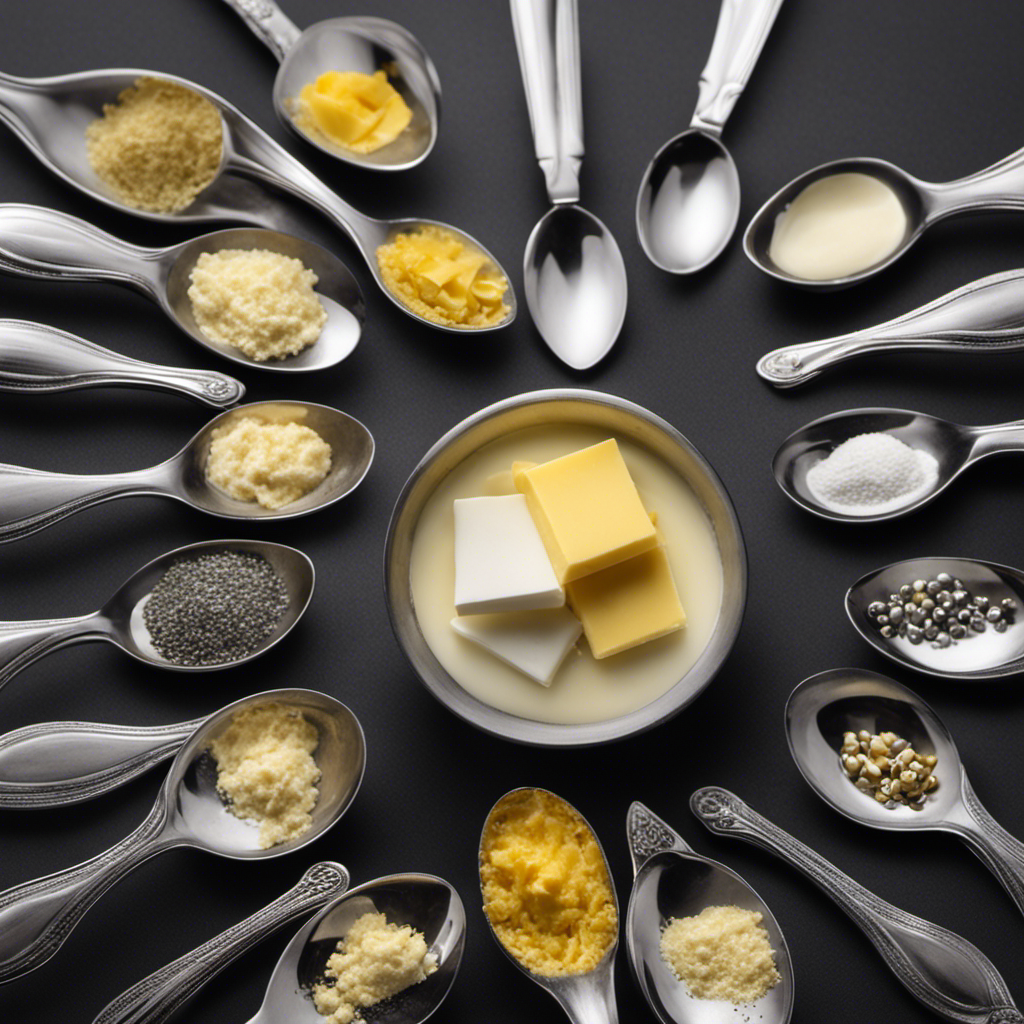 An image showcasing a measuring spoon filled with precisely 60 grams of butter, surrounded by a collection of miniature teaspoons, visually representing the conversion from grams to teaspoons without the need for any text