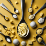 An image showcasing a measuring spoon filled with precisely 60 grams of butter, surrounded by a collection of miniature teaspoons, visually representing the conversion from grams to teaspoons without the need for any text