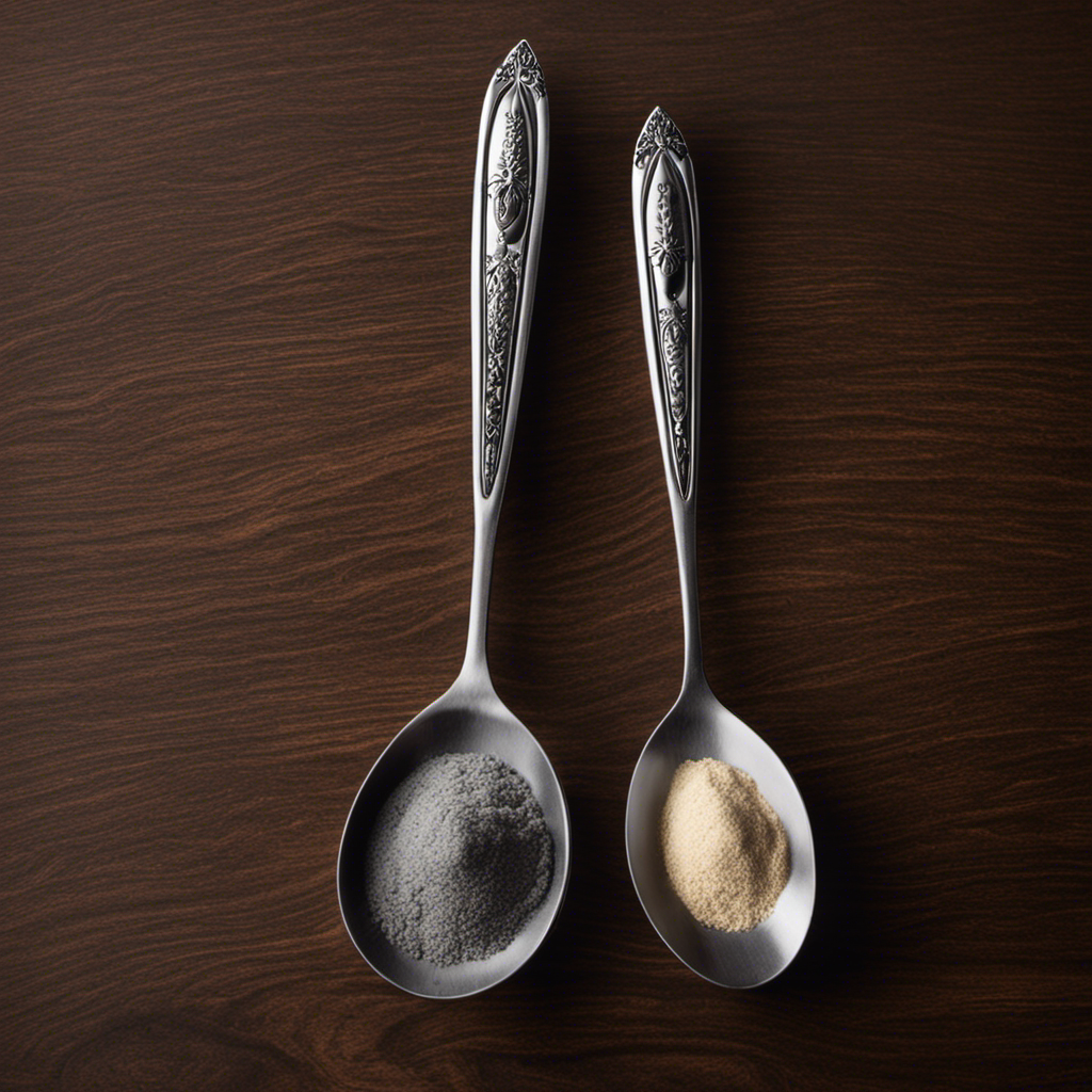 An image displaying two measuring spoons side by side, one filled with 60 grams of a powdered substance, the other showing the equivalent amount converted into teaspoons