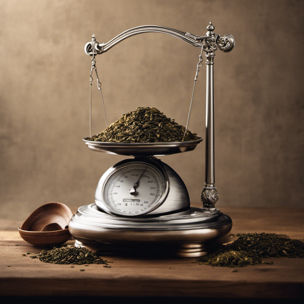 An image depicting a kitchen scale with a heap of precisely measured teaspoons filled with 600g of tea