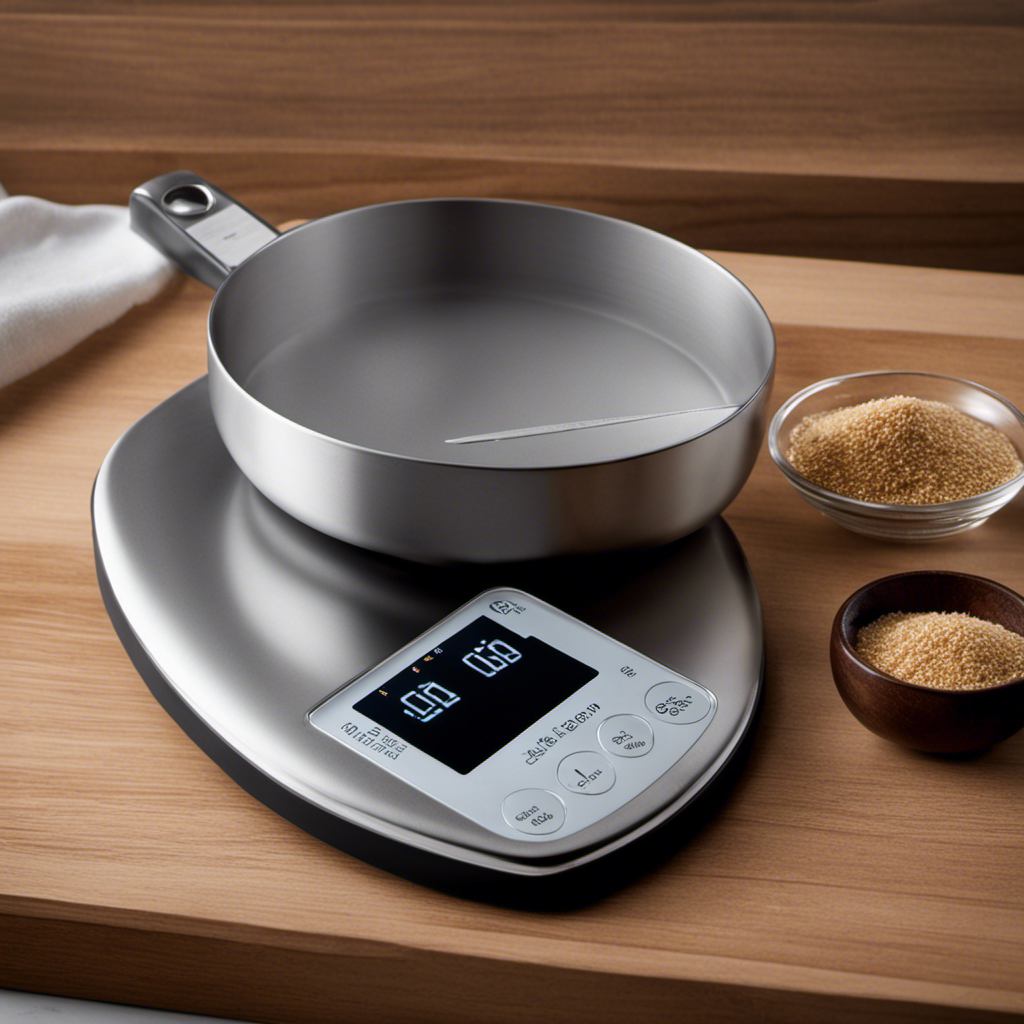 An image showcasing a sleek kitchen scale with a small heap of sugar placed on it, precisely measuring 6g