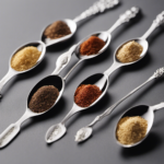 An image showcasing seven delicate teaspoons, each filled with a precise amount of loose granulated substance, representing the exact measurement of 7 grams