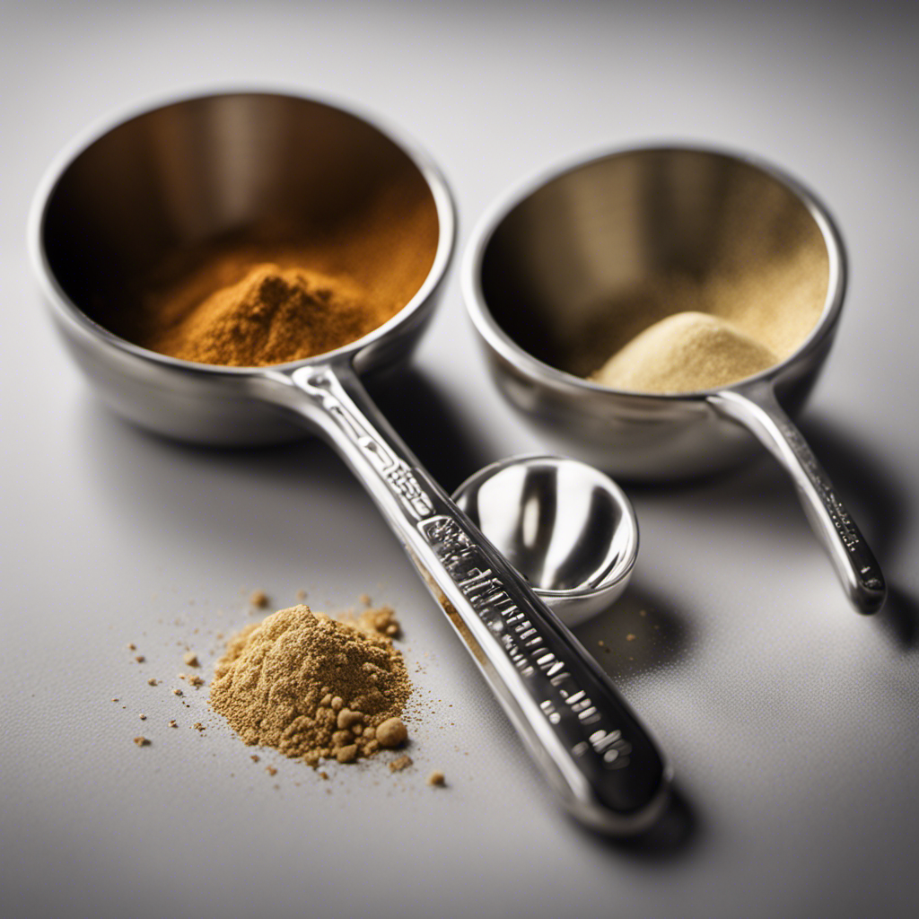 An image showcasing two measuring spoons side by side – one filled with 7 grams of a fine powder, the other with an equivalent amount of liquid, clearly illustrating the conversion from grams to teaspoons