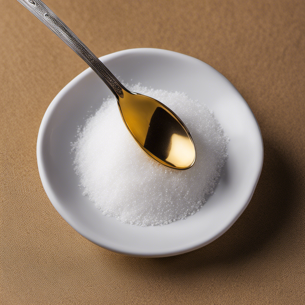 An image showcasing a white teaspoon filled with granulated sugar, precisely measuring 7 grams