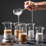 An image showcasing a measuring cup filled with 7 teaspoons of liquid, perfectly pouring into a separate cup