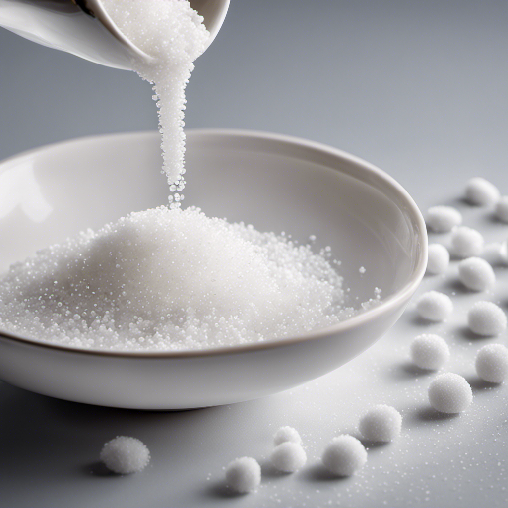 An image capturing the visual impact of seven teaspoons of sugar - a delicate white ceramic teaspoon filled with fluffy white sugar crystals, gently pouring the sweet granules into a transparent glass of water