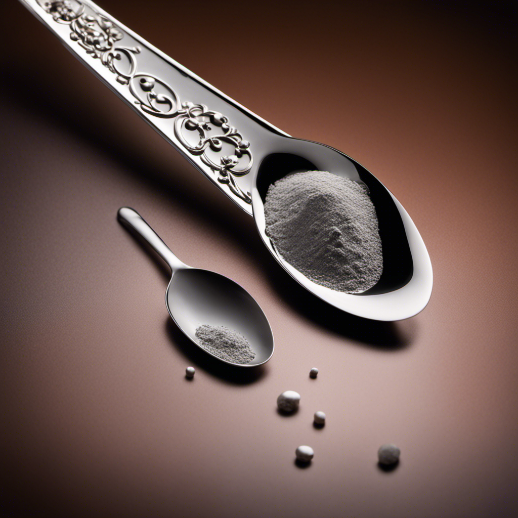An image showcasing a sleek silver teaspoon, delicately balanced on a precision scale, while 70 grams of a fine powdered substance spills onto it, illustrating the conversion from grams to teaspoons