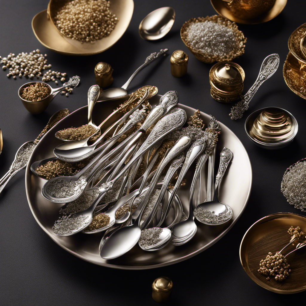 An image showcasing a heaping pile of 70 delicate teaspoons, dazzling in their gleaming silver, artfully arranged against a backdrop of a cozy tea setting, evoking a sense of abundance and luxury