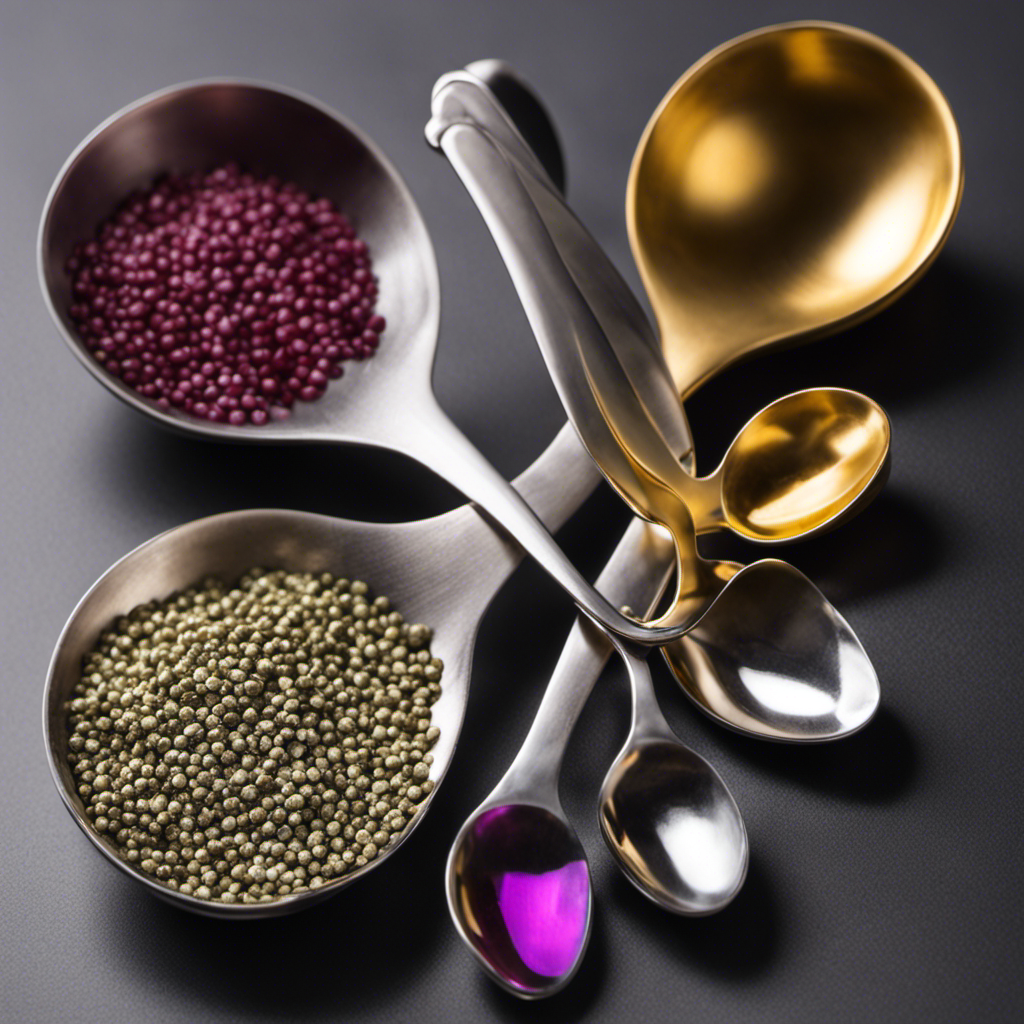 An image showcasing a set of measuring spoons filled with 700 mg of a substance, clearly displaying the conversion to teaspoons