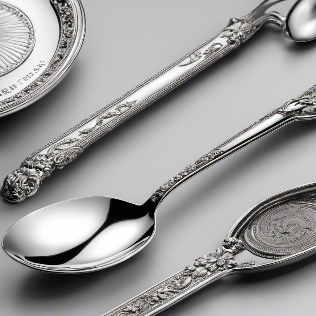 An image showcasing an elegant, vintage silver teaspoon delicately balanced on a precise digital scale, displaying the precise measurement of