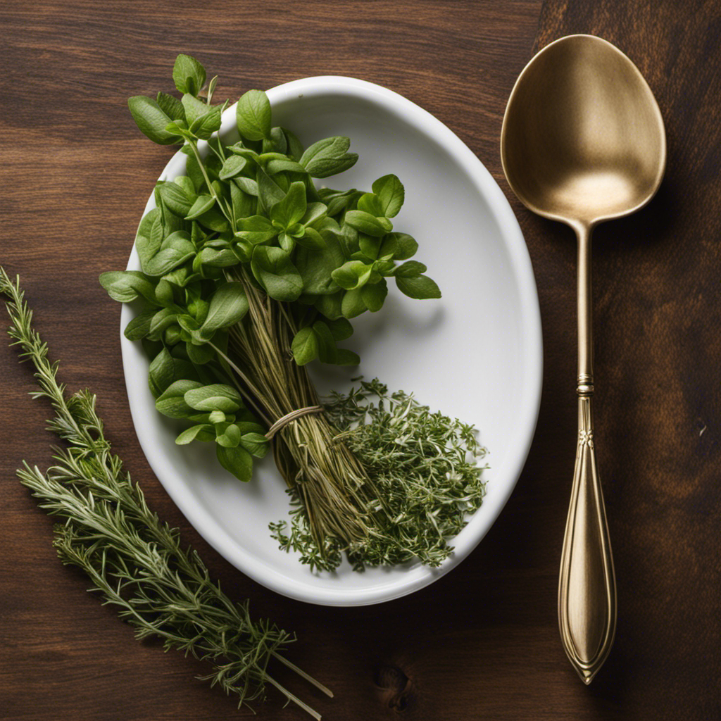An image showcasing a delicate, antique porcelain teaspoon gently cradling a vibrant bundle of fresh herbs, while a rustic wooden scale nearby precisely measures out