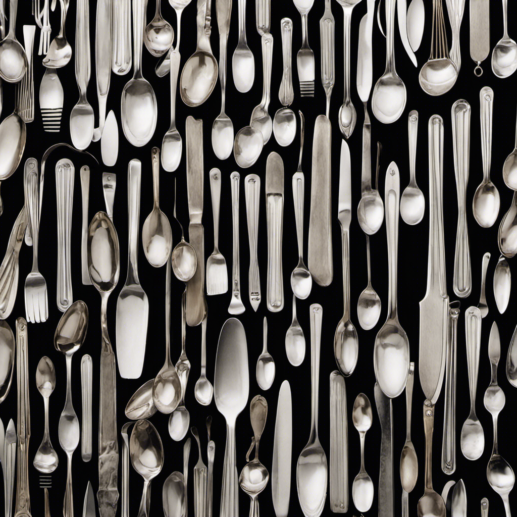 An image showcasing 75 neatly arranged, identical teaspoons, gradually merging into a smaller cluster of tablespoons