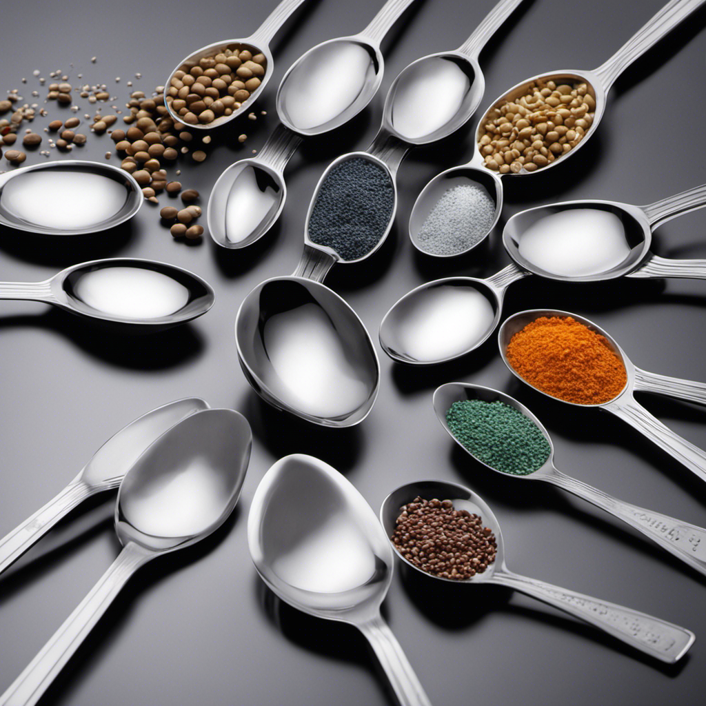 An image showcasing a measuring spoon filled with 750 mg of a substance, surrounded by six identical teaspoons gradually being filled, each representing an increasing amount in relation to the original measurement