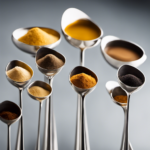 An image depicting a measuring spoon filled with 7g of yeast, surrounded by six identical teaspoons, each holding a different quantity of yeast, gradually increasing from the smallest to the largest amount