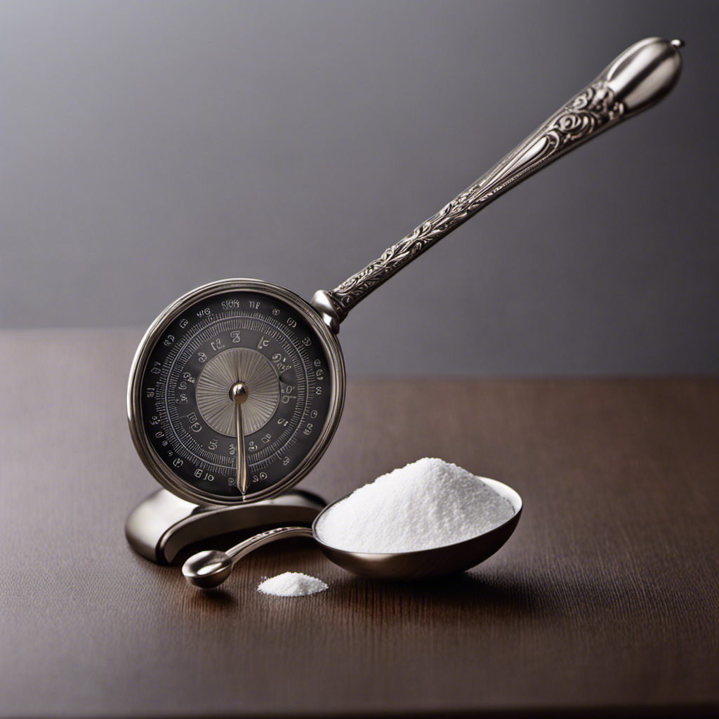 An image showcasing a delicate silver teaspoon balanced on a precise digital scale, with 8 grams of a fine white powder gently filling it, exemplifying the exact measurement between grams and teaspoons