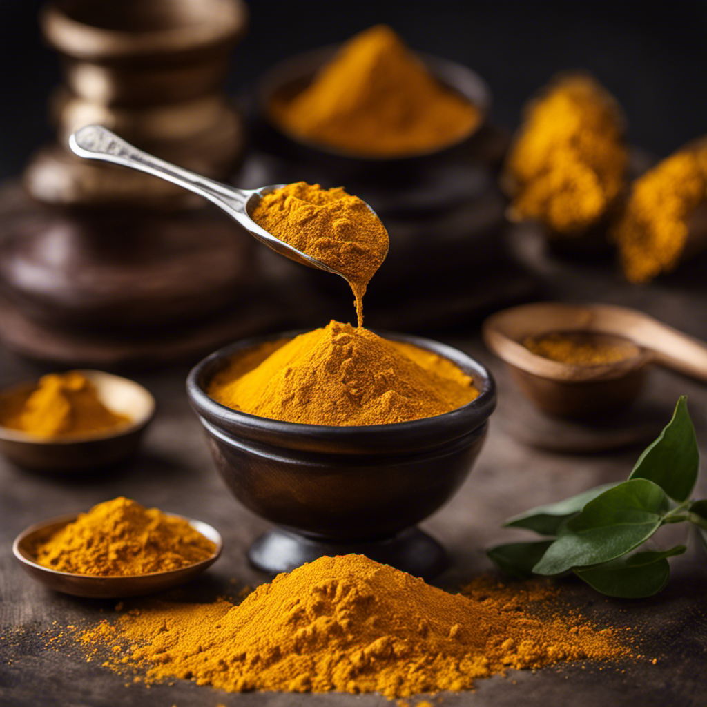 An image showcasing 8 grams of vibrant, golden turmeric powder gently pouring into a teaspoon