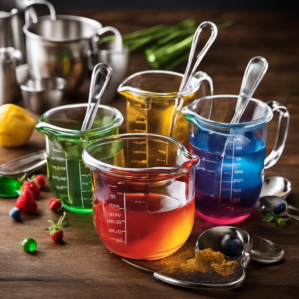 An image depicting a clear glass measuring cup filled with 8 ounces of liquid, alongside a set of colorful measuring spoons varying in size, highlighting the conversion of 8 ounces to teaspoons