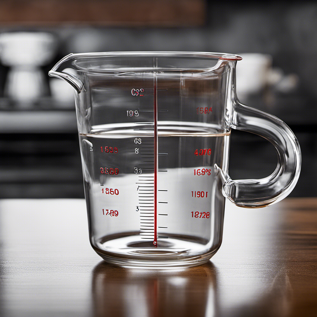 An image showcasing a clear glass measuring cup filled with precisely measured 8 teaspoons of liquid