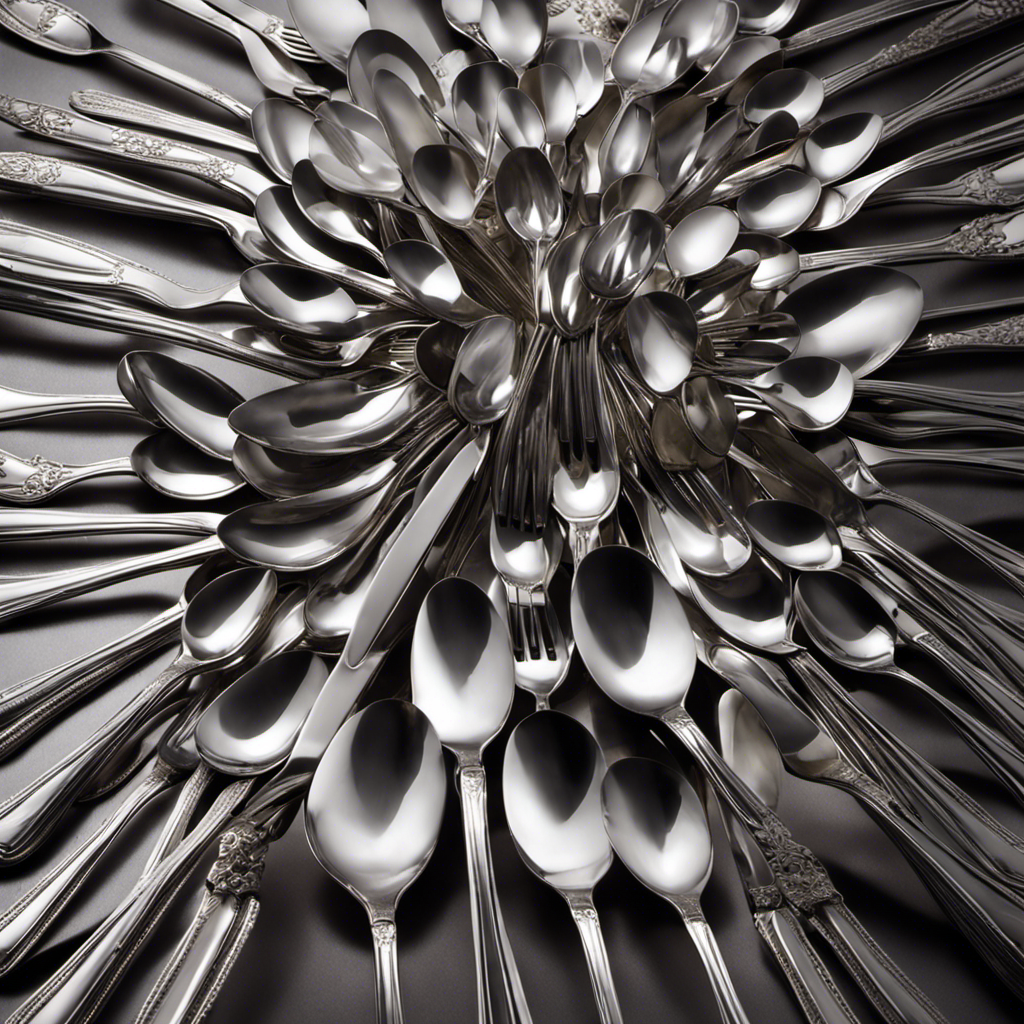 An image showcasing 80kg of teaspoons, neatly arranged in a towering stack, with the gleaming silver cutlery reflecting light, emphasizing their weight and sheer quantity