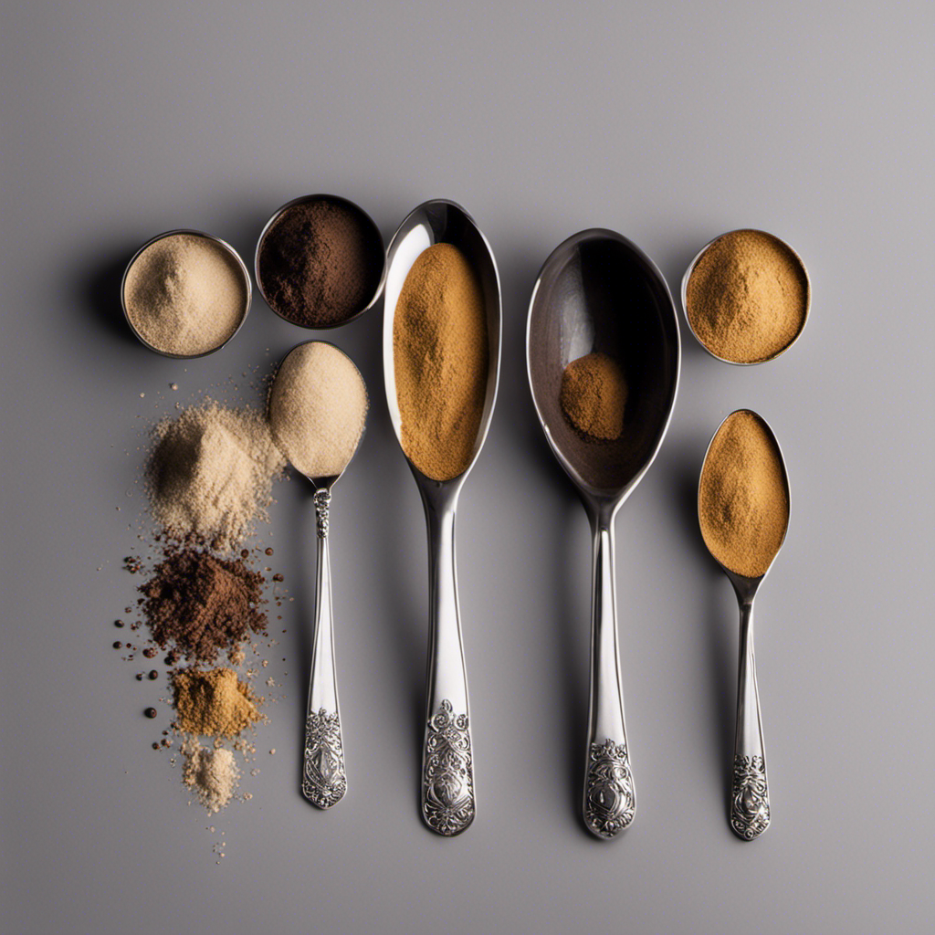 An image showcasing a measuring spoon filled with 8 grams of a powdered substance, accompanied by a collection of empty teaspoons arranged in a line, each teaspoon representing the equivalent amount of 8g