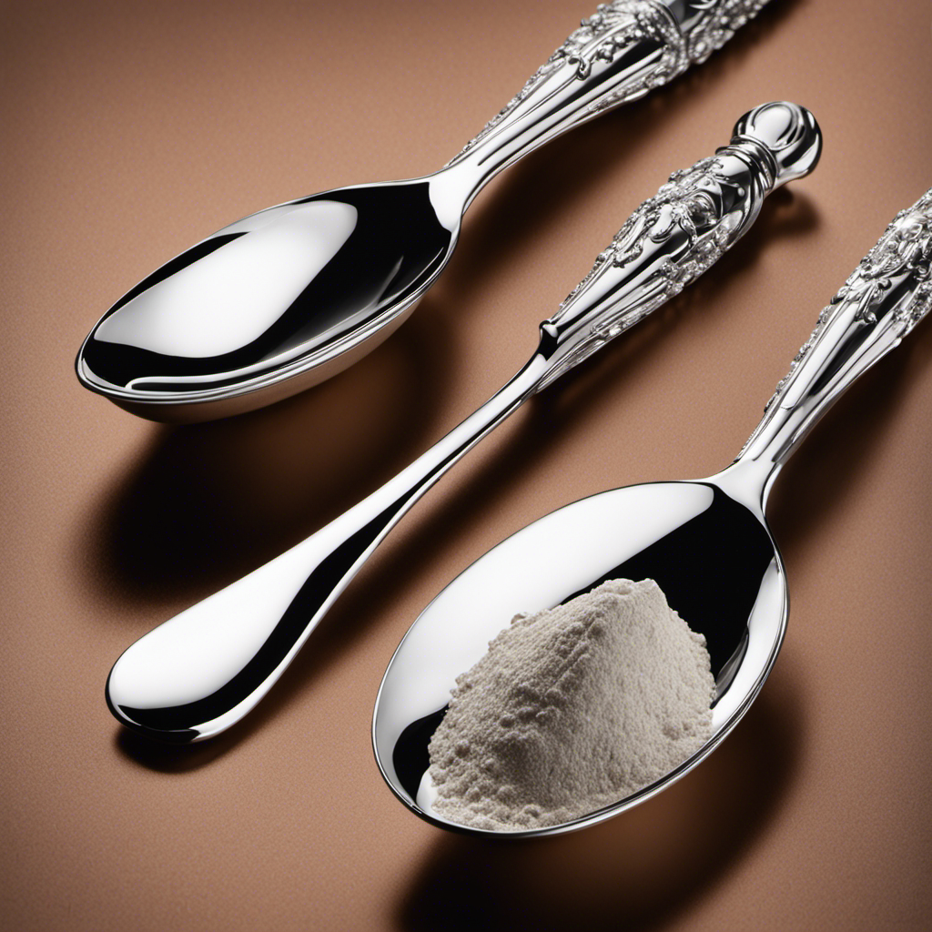 An image showcasing a sleek silver teaspoon holding precisely 9 grams of a fine powdery substance