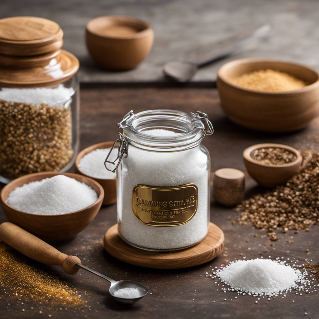 An image illustrating 9 teaspoons of sugar transformed into grams, showcasing a clear glass jar filled with fine white granules, accurately measuring the weight as displayed on a digital scale nearby