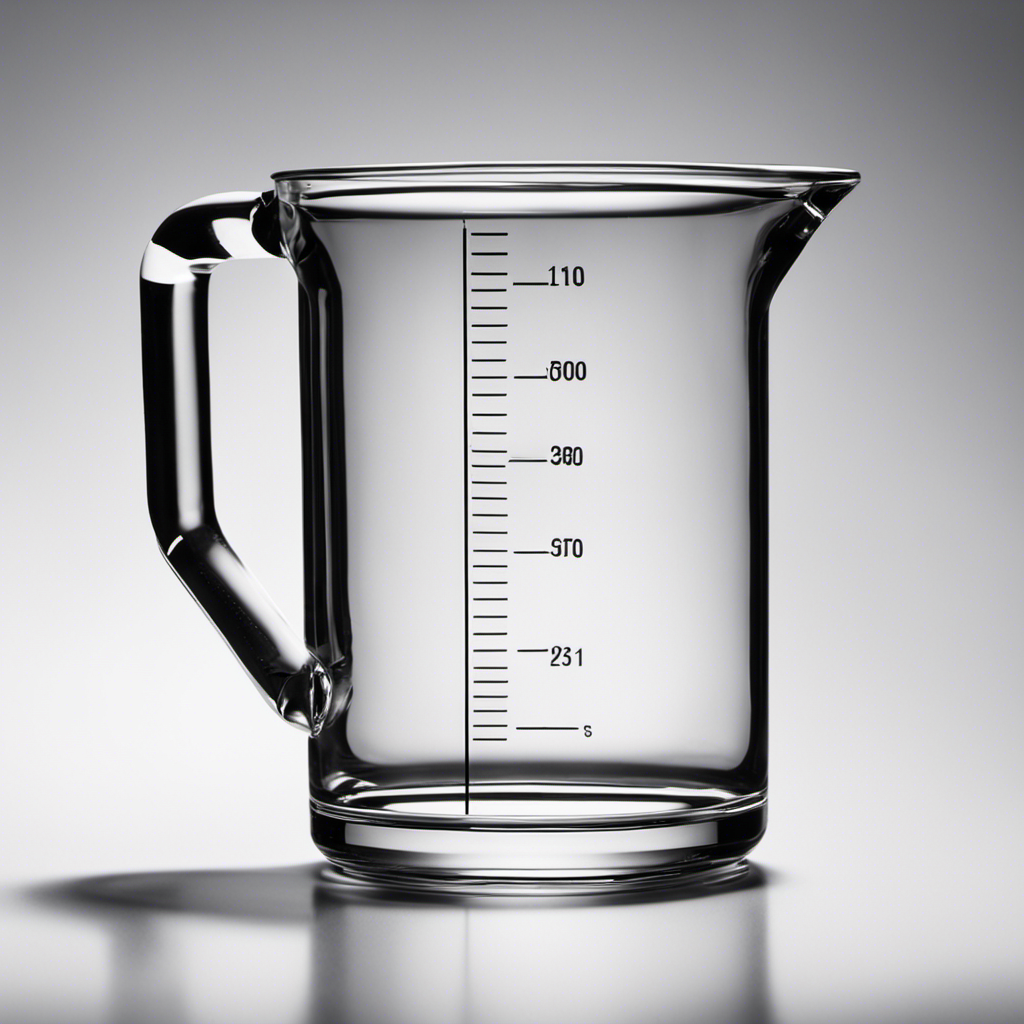 An image showcasing a clear glass measuring cup filled to the 9-teaspoon mark with water, alongside an empty 1-ounce container