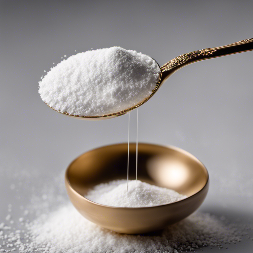 An image showcasing a delicate, transparent teaspoon gradually filling up with 90 grams of a fine, white powder, symbolizing the conversion from weight to volume in the context of teaspoons