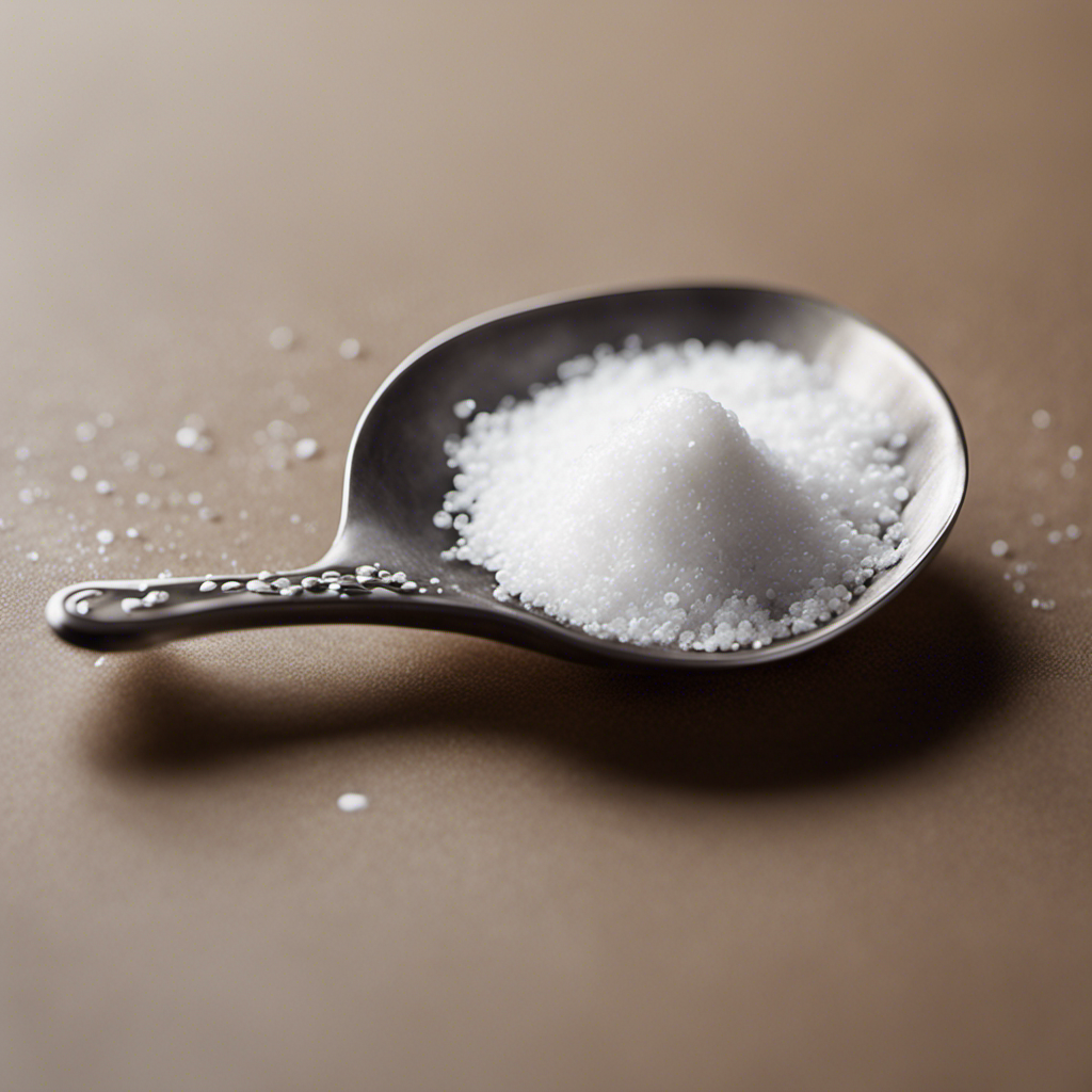 An image that showcases a small measuring spoon, filled with precisely 90 mg of salt, gently pouring the salt into a teaspoon, giving readers a visual representation of the exact amount in teaspoons