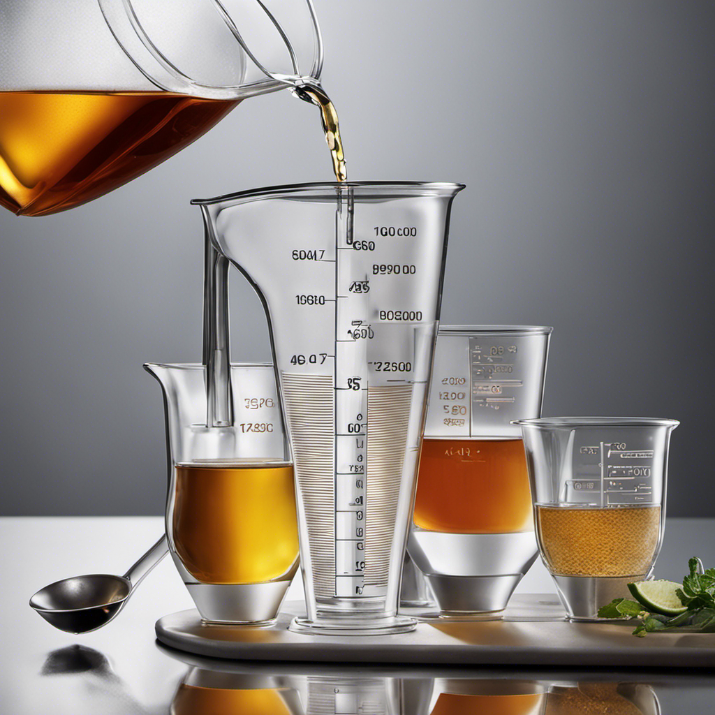 An image depicting a clear measuring cup filled exactly with 90 ml of liquid, surrounded by various-sized teaspoons, highlighting the conversion of milliliters to teaspoons