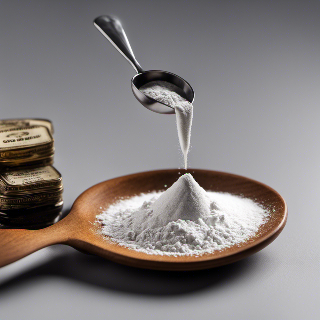 An image showcasing a measuring spoon filled with 9 grams of a powdered substance, gently pouring it into a teaspoon