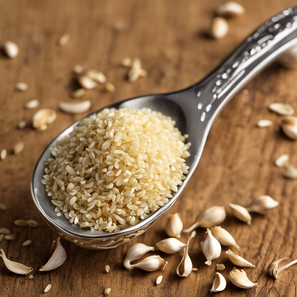 An image depicting a measuring spoon filled to the brim with finely minced garlic, highlighting the texture and distinct aroma