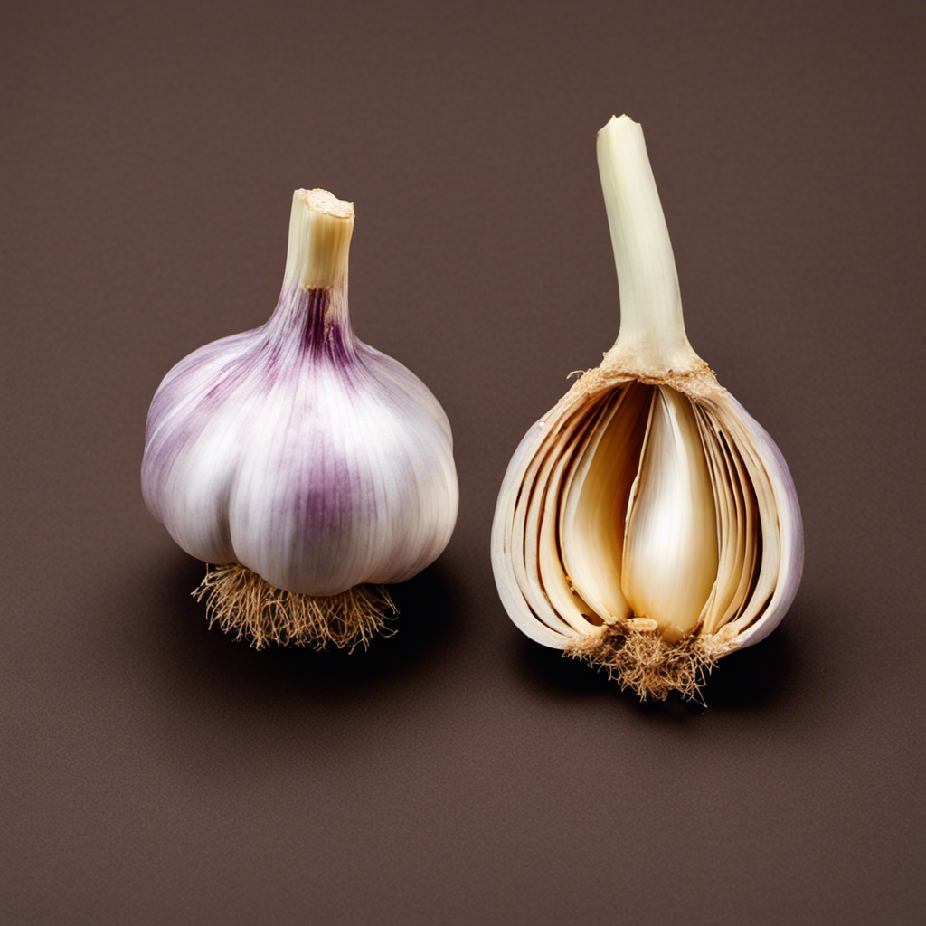 An image showcasing a close-up view of a garlic bulb, sliced in half, with one garlic clove separated from the rest