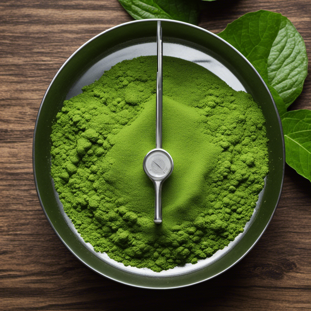 An image showcasing a kitchen scale with a small, precise amount of fine green powder (kratom) measured in grams