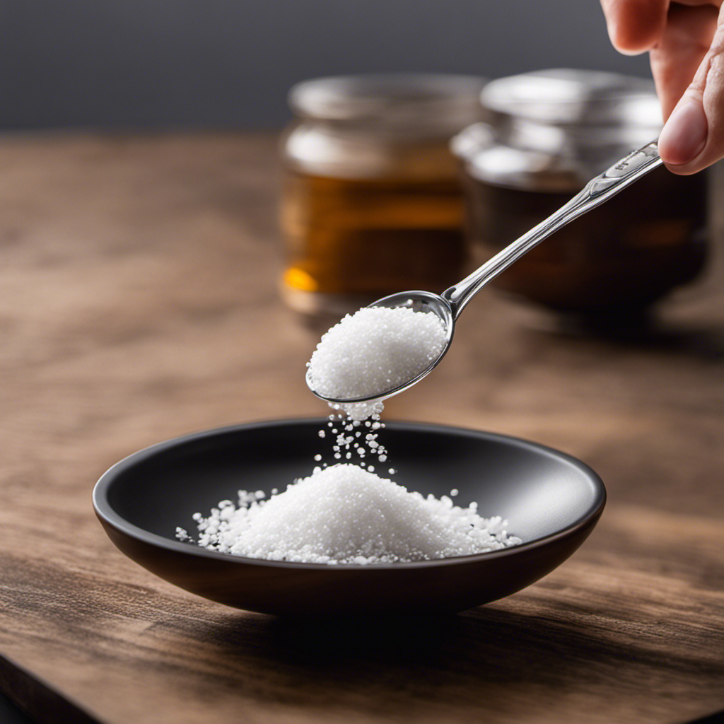 An image showcasing a teaspoon filled with a precise gram of salt, elegantly balanced on a kitchen scale