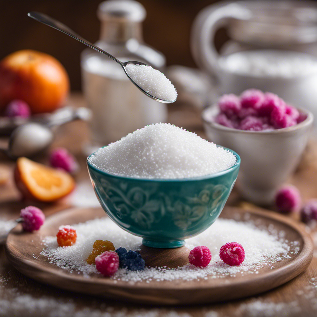 An image showing a vibrant teaspoon filled with precisely measured, white granulated sugar