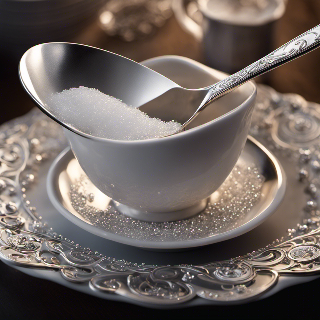 An image showcasing a delicate silver teaspoon, gently pouring a gram of sugar onto its curved surface