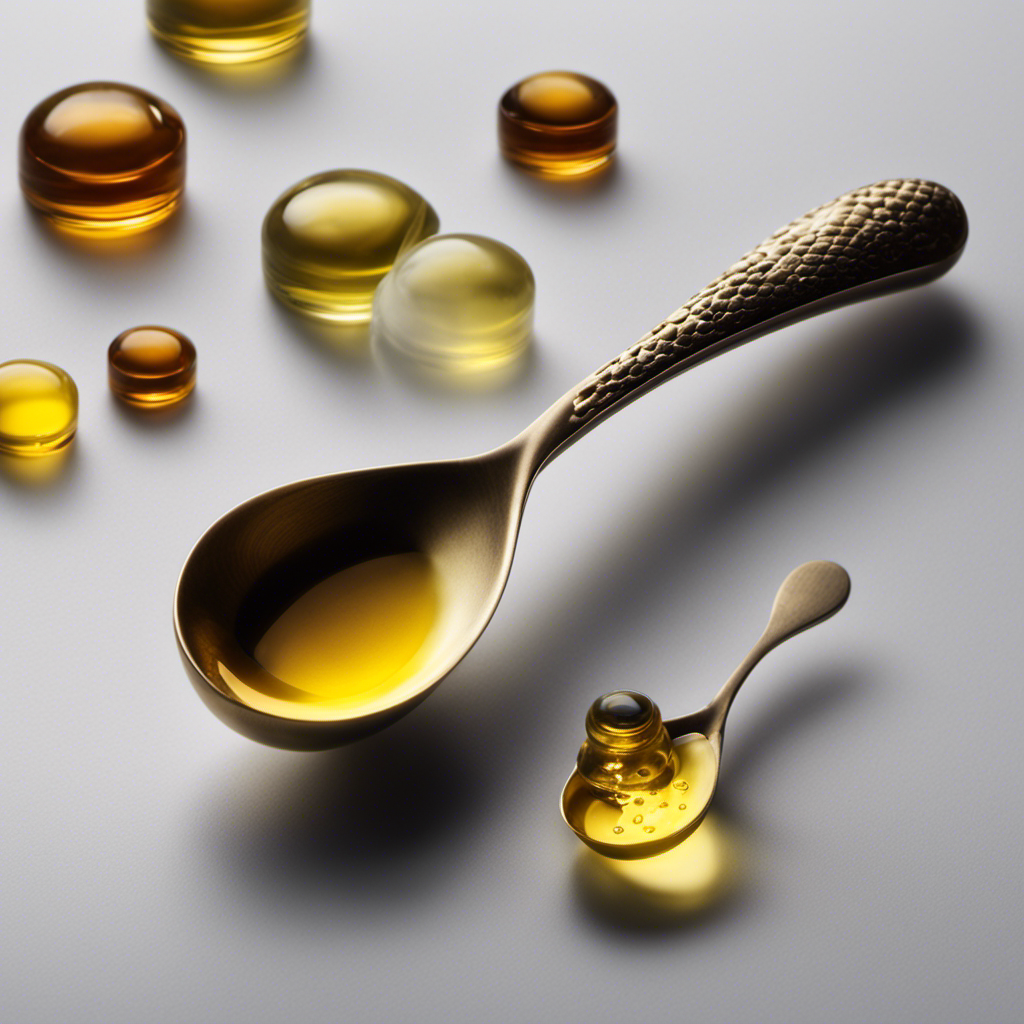 An image depicting a measuring spoon filled with fish oil, with a nearby gram scale showing the weight of the oil, and a teaspoon beside it, indicating the equivalent measurement