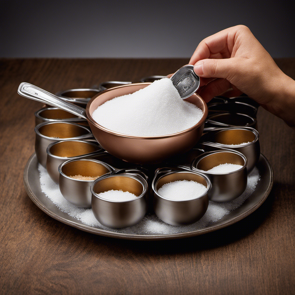 An image showcasing a half-cup measuring cup filled with granulated sugar, surrounded by six identical teaspoons, each holding a precise amount of sugar up to their brims, illustrating the conversion between a half cup and teaspoons