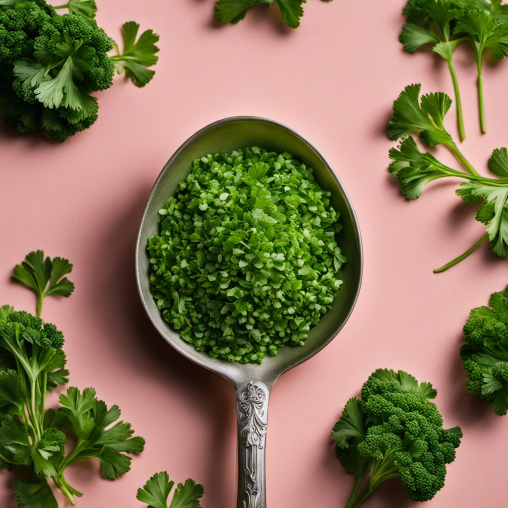 An image showcasing a hand holding a bunch of fresh parsley, finely chopped, gently pouring it into a measuring spoon