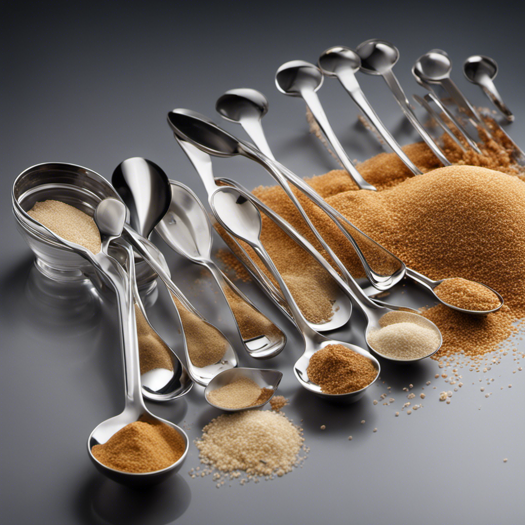 An image showcasing a clear glass measuring spoon filled with yeast granules, next to a neatly arranged row of empty teaspoons, each progressively filled with yeast, illustrating the varying measurements equivalent to a standard package