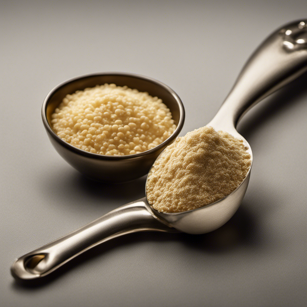 An image showcasing a measuring spoon filled with yeast, placed next to an unopened packet of yeast