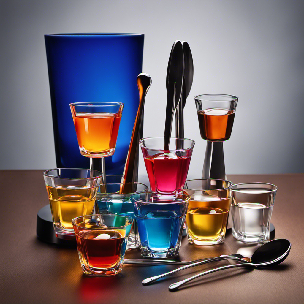 An image that showcases a shot glass filled with liquor, positioned next to a set of measuring spoons, each labeled with precise teaspoon measurements